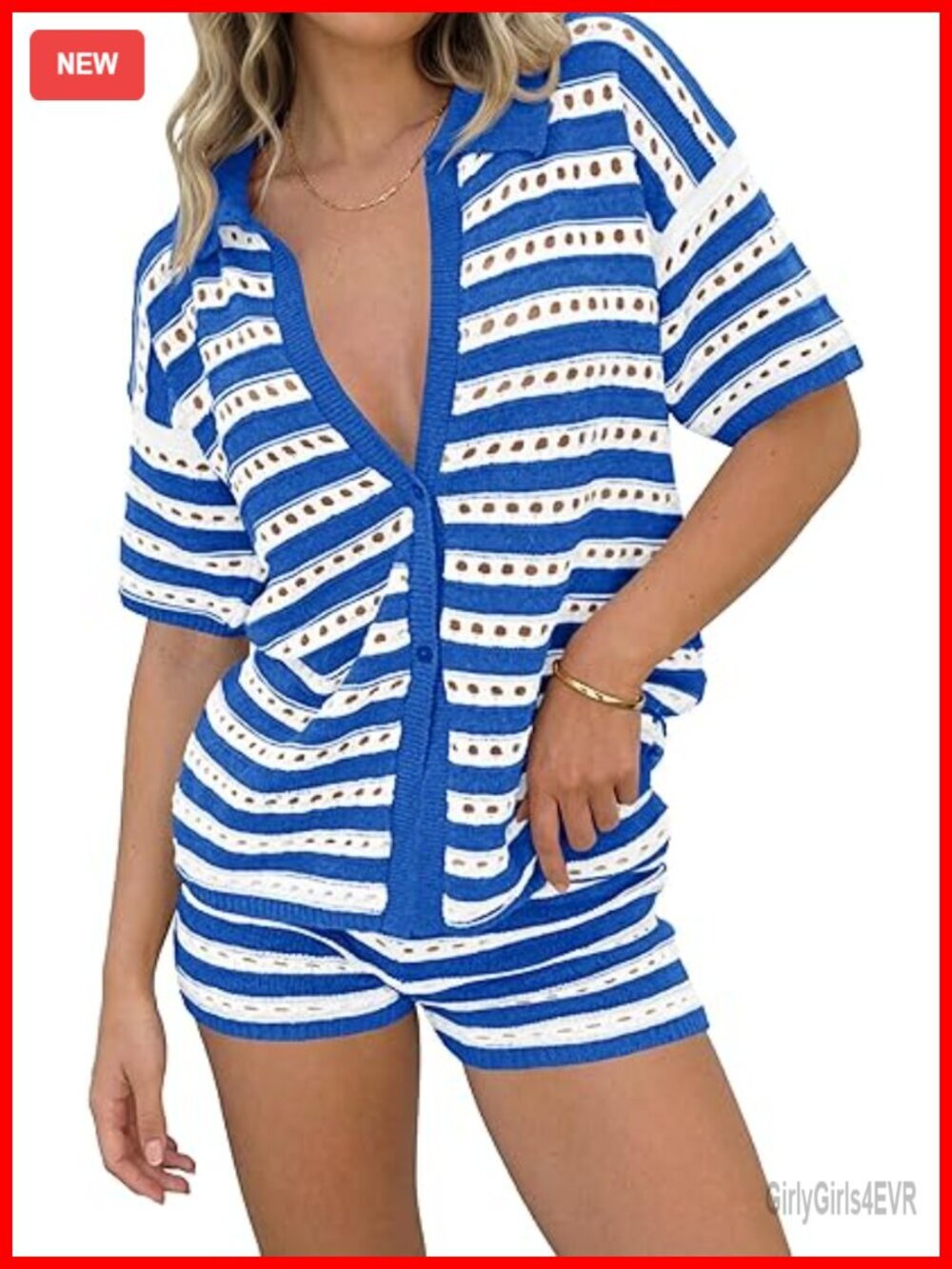 Crochet Knit 2 Piece Outfit Short Sleeve Button Shirt & Shorts Set Swimsuit